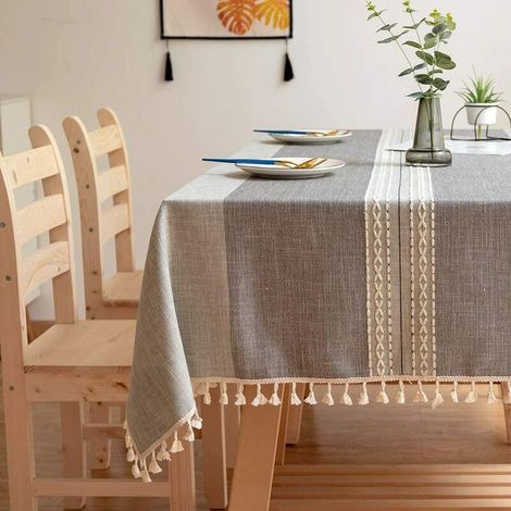 Mantel bordado con borlas, lavable, de algodón y lino, resistente a la decoloración y a las arrugas, ideal para la cocina, el comedor, Acción de Gracias y Navidad (110 x 110 cm, gris). (1/5)