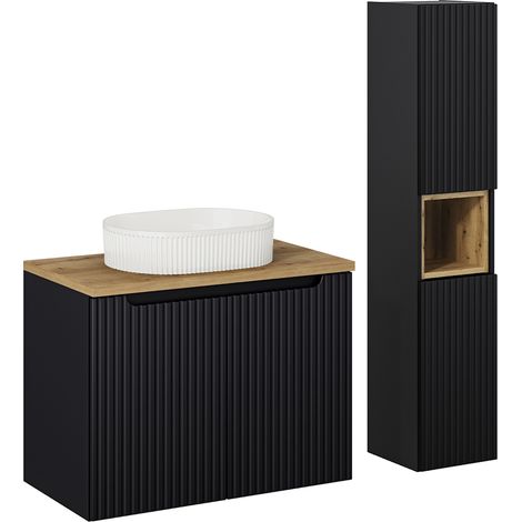 Waschtisch und Hängesäule 80cm Riva, Schwarz und Holzoptik