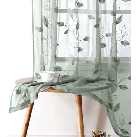 Rideaux voilages vert queue de souris - 132-88 x 213-36 cm (2 pièces) - Motif feuilles brodées - Voilages fins en lin artificiel à motifs floraux - Rideaux pour chambre ou salon (1/5)