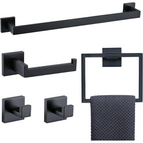 Ensemble d'accessoires de salle de bain 5 pièces en acier inoxydable noir mat et or brossé, porte-serviettes et 2 crochets pour serviettes, fixation murale en acier inoxydable (noir) (1/5)