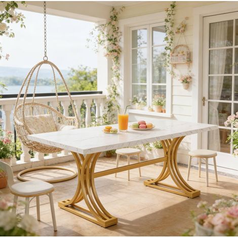 Tavolo da pranzo 160 x 80 cm, piano effetto marmo bianco, gambe in metallo dorato DESVIAE (1/5)