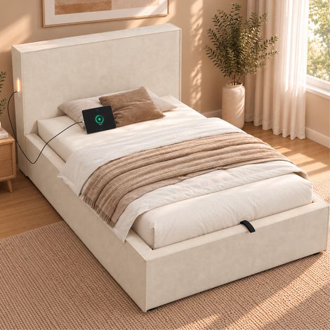 Letto imbottito 90/200 cm beige in ciniglia con vano contenitore idraulico (1/5)