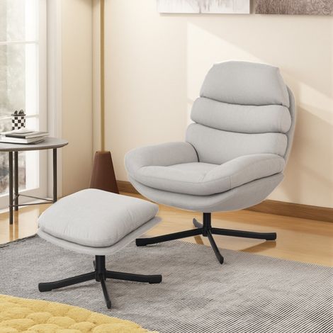 Sillón relax con otomana giratorio, respaldo curvo, asiento acolchado, tejido chenilla, poliéster crema blanco (1/5)