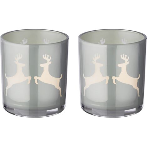Lot de 2 Photophores pour Bougie Chauffe-Plat en Verre avec Motif Renne Gris H8 cm Ø7,5 cm - PANGIVO (1/5)