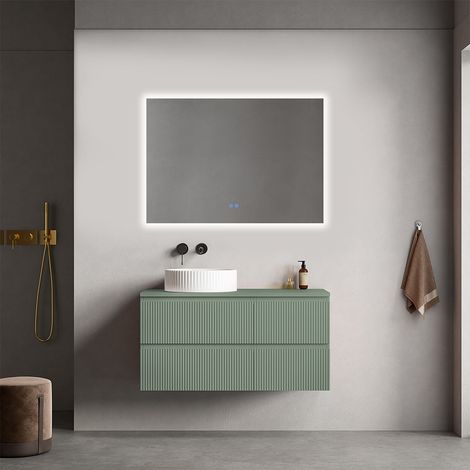 Mobile bagno sospeso cannettato reversibile 100 cm Verde Salvia per Lavabo d'appoggio Specchio Quadro Retroilluminato - Fiji Paint Top Canneté