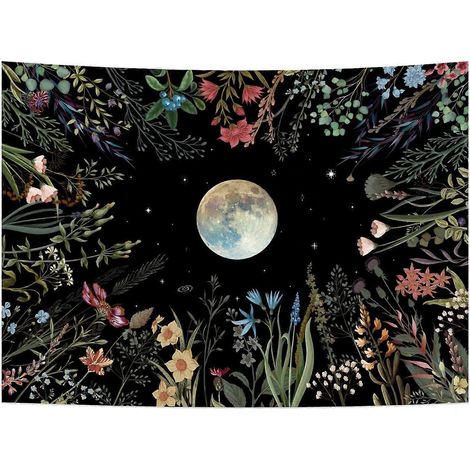 Wandteppich „Mondscheingarten“, Mond-Wandteppich, Blumen-Wandteppich, Wandteppich mit farbenfrohen Pflanzenmotiven, Wanddekoration für Schlafzimmer A (1/5)