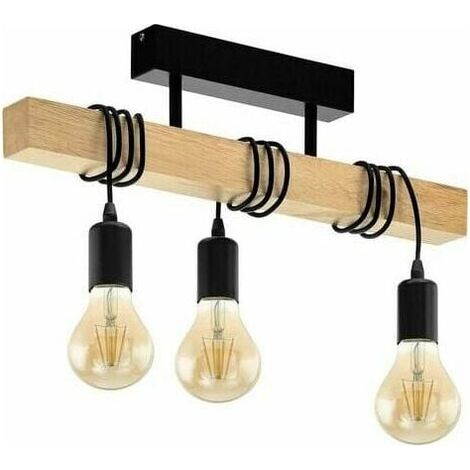 Lampe de plafond vintage 3 flammes – Acier et bois – 55cm x 10,5cm x 26,5cm – Douilles E27 – Finition noire élégante (1/4)