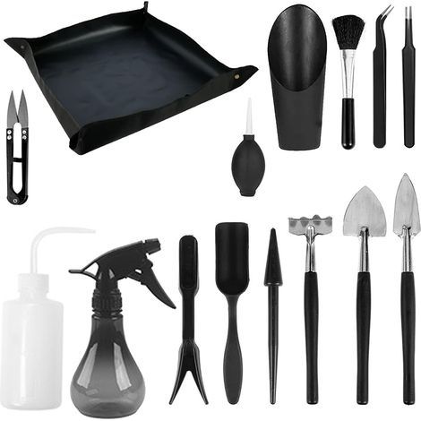 Kit d'Outils pour Plantes Grasses, 14 Mini Outils de Jardin à Main + 1 Tapis de Rempotage, Râteau pour Plantes d'Intérieur, Outils à Main de Jardinage, noir (1/5)