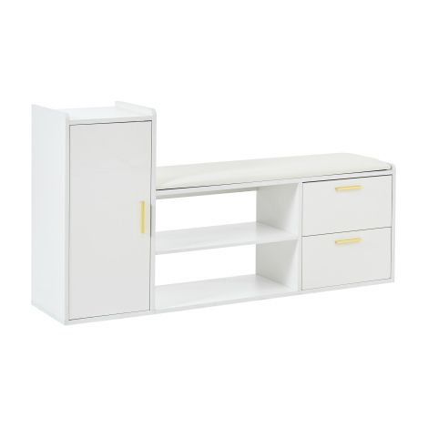 Meuble à chaussures blanc brillant avec banc, 2 tiroirs, rangement