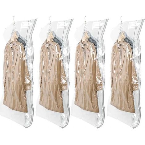 Lot de 4 Sacs de Rangement sous Vide Suspendus pour Vêtements, 135x70cm, Housse sous Vide pour Costumes, Manteaux, Vestes (1/4)