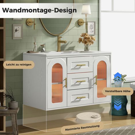 Meuble sous vasque suspendu 76cm, blanc effet bois, porte en verre cannelé, éclairage LED, étagères réglables et tiroirs, meuble salle de bain moderne sans robinet. (1/5)