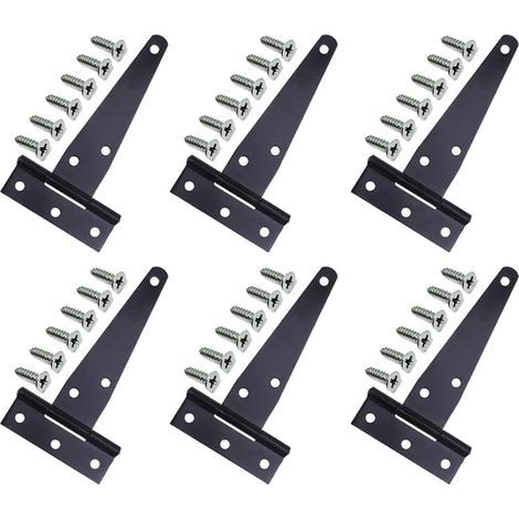 Bisagras para puertas POTS, 6 piezas, bisagras en T negras, cojinete para bisagras en T, bisagras en T de alta resistencia, con 36 tornillos para ventanas, puertas de madera y puertas de castillo. (1/5)