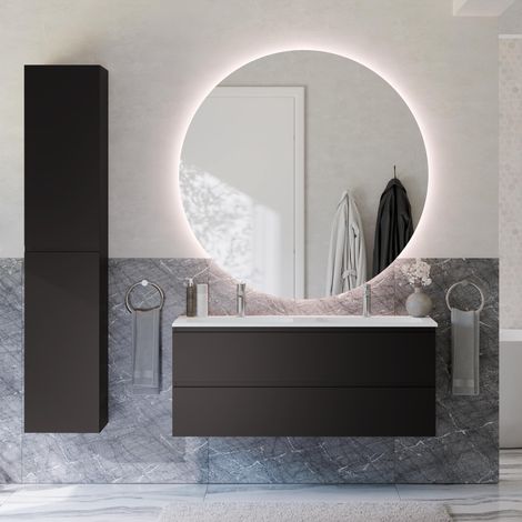 BERNSTEIN - Ensemble meuble vasque 120x46x50cm + Armoire Colonne 35x35x170cm & Miroir LED dimmable Ø120cm - Noir mat - AVA