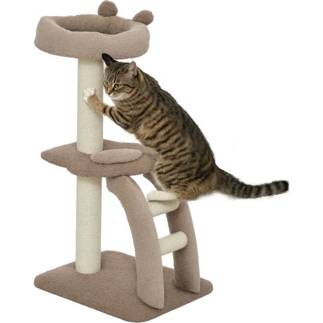 Beyamis Katzenbaum für Wohnungskatzen, 88 cm hoher Kratzbaum mit Sisal-Kratzstamm, Hängeball, großer Aussichtsplattform, Treppe, Braun