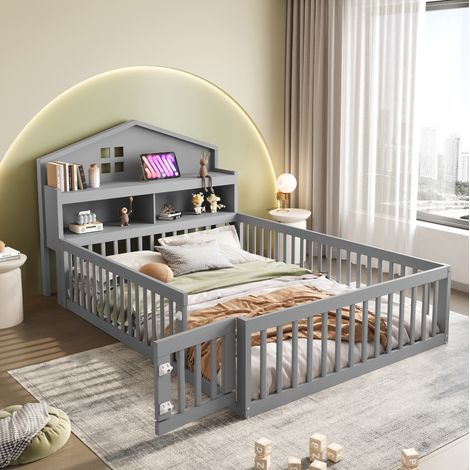 Cama infantil de madera gris 140x200 cm con somier, barrera de seguridad, puerta y almacenaje (1/5)