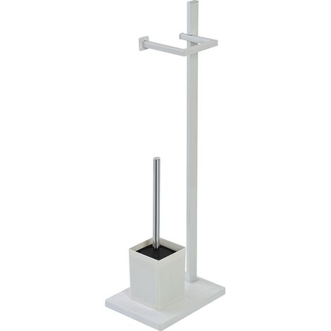 Piantana Portarotolo e Portascopino in Acciaio Bianco, Base Bianca in MDF (1/5)