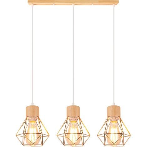 Lampe À Suspension Vintage Suspension Luminaire Rétro 3 Lumières Plafonnier D'Intérieur Moderne En Métal Et En Bois Or (1/5)