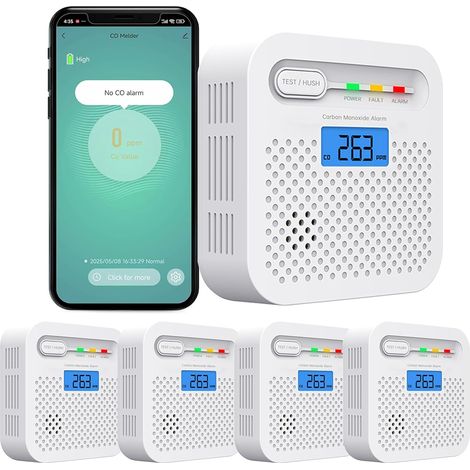 Détecteur de CO WiFi 10 Ans Batterie - Alarme Monoxyde de Carbone avec Écran LCD, Notifications SmartLife/Tuya en Temps Réel - Maison, Bureau, Chambre, Camping-Car (4Pack) (1/5)