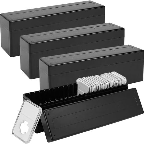 Lot de 4 boîtes de rangement rectangulaires pour pièces de monnaie de 65 x 258 mm - Avec 20 supports - Noir - En plastique - Pour collectionneurs et bureau (1/5)