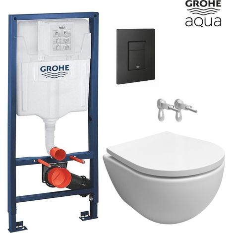 Bastidor empotrado GROHE pack cisterna y pulsador dual negro mate con inodoro suspendido SWISS blanco brillo Soft-Close (1/5)