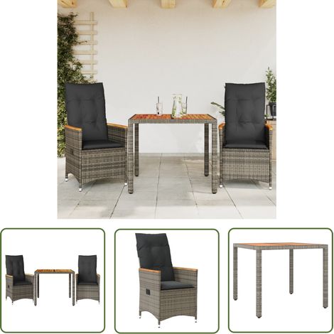 The Living Store 3-tlg. Bistro-Set mit Kissen Grau Poly Rattan - Gartenmöbel - Bistroset - Esstisch - Lounge Chair - Relax Sessel (1/5)