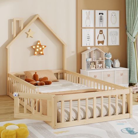 Lit de maison,90 x 200 cm,Lit pour enfants en forme de cheminée,Lit à base à lattes (sans matelas),en bois de pin,style minimaliste,Nature (1/5)