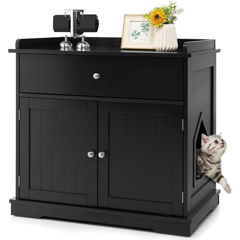 COSTWAY Katzenschrank mit Schublade & Tür & Eingang, 3-in-1 Katzenhaus Katzentoilette Beistelltisch, Schrank Katzenklo Katzenkommode, Katzenhöhle Haustierbox, Katzenmöbel (Schwarz)