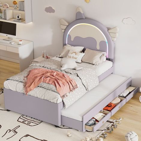 Lit enfant - SINGULARITY - Licorne 90x200 - Lit gigogne coulissant - PU+MDF violet - Sommier 12 lattes