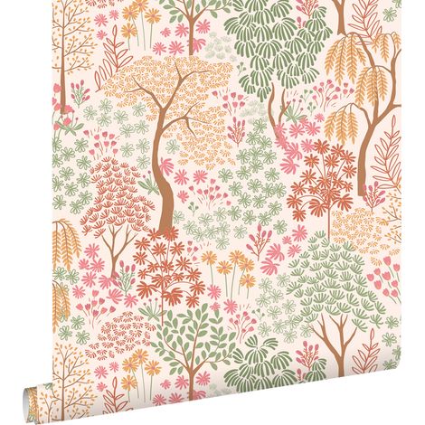 papier peint des arbres et des fleurs terracotta, rose et vert  - ESTAhome (1/5)