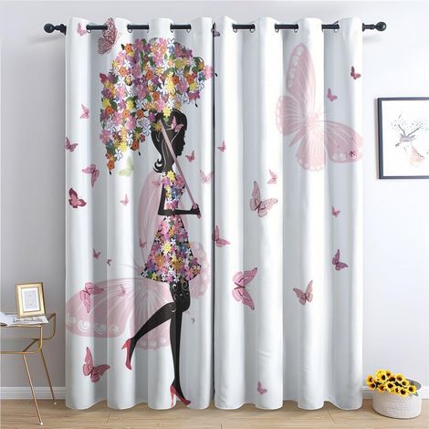 Rideau Occultant Fille De Fleur De Papillon, Rideaux Thermiques à Oeillets pour Salon Chambre Fenetre, Motif Enfant Adolescents Rideaux Lot De 2 Moderne Décoration De Fenêtre, 140x200 cm (L x H) - 14 (1/5)