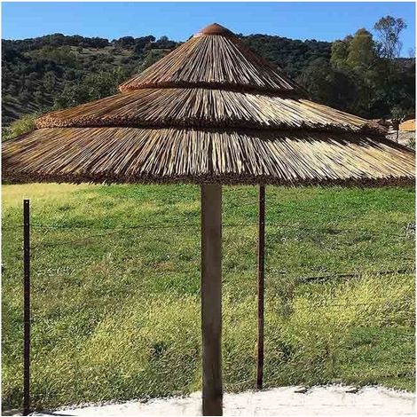 Suinga – Parasol droit en roseau africain 2,15 mètres – Hauteur 3 mètres – Support en bois autoclavé – Résistant aux intempéries
