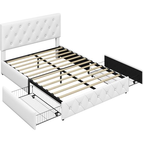 Yaheetech Letto Imbottito Matrimoniale 140 x 200 cm con 2 Cassetti Letto Contenitore con Supporti a Doghe in Legno Testiera Regolabile in Altezza con Rivetti a Punto di Tensione Nero (1/5)