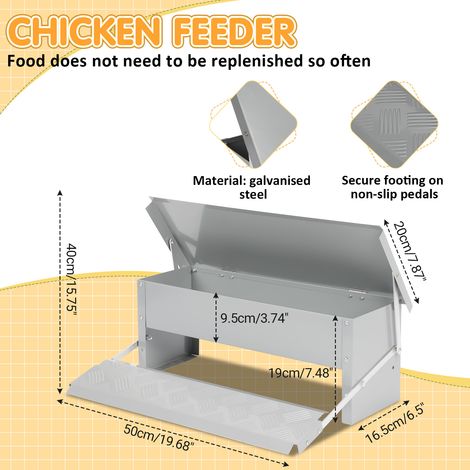 Randaco Mangeoire automatique pour poules 5 kg en acier galvanise avec pedale, gants et pelle