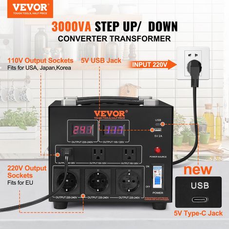Transformateur 220 V⇄110 V Convertisseur de Tension Élévateur Abaisseur 3000 W Transformateur de Puissance avec 3 Prises US NEMA 5-15R 3 Broches 3 Prises EU Shucko 1 Port USB 5 V 1 Prise Type-C (1/5)