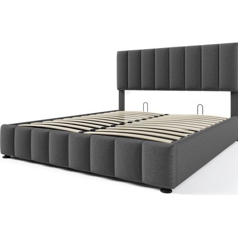Letto contenitore imbottito 140x200 cm in lino grigio con rete in metallo e materasso (1/5)