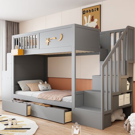 lit enfant mezzanine rangement bureau 90x200 bois gris OKMYHOME (1/3)