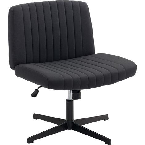 Armless Office Chair No Wheels, Linen Fabric Criss Cross Legged Desk Chair with Wide Seat, Thick Padding, Tilt Function, Height Adjustable Swivel Computer Seat for Home, Black