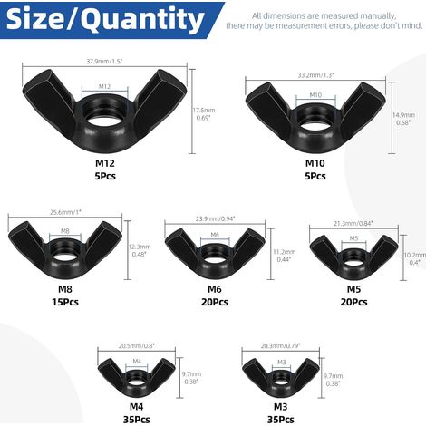 m3 M4 M5 M8 M10 M12 kit de série d'écrous Papillon tailles en au carbone à résistance fixations 135 pcs 7 Acier Noir (1/5)