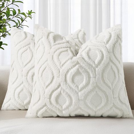 JSSEVN - Set of 2 Square Faux Fur Cushion Covers in Neutral Bohemian Style for Sofa, 45 x 45 cm, Cream White (1/5)