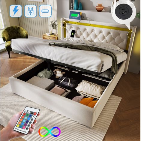 Cama tapizada 140/200 cm beige de algodón con arcón, LED y USB-C (1/5)