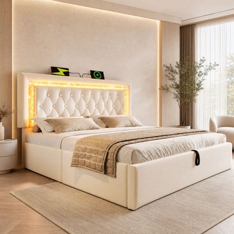 Polsterbett 160x200 cm mit LED-Lichtband, USB/Type-C, Bettkasten, Beige HAVRYA (1/5)