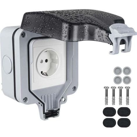 Prise Exterieure Etanche Ip66, XU, Prise murale pour usage extérieur, Prise extérieure étanche, Contact de protection en saillie Prise externe avec couvercle à charnière pour extérieur - KZQ
