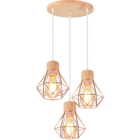 Lampe À Suspension Vintage Suspension Luminaire Rétro Or Rose 3 Lumières Plafonnier D'Intérieur Moderne En Métal Et En Bois