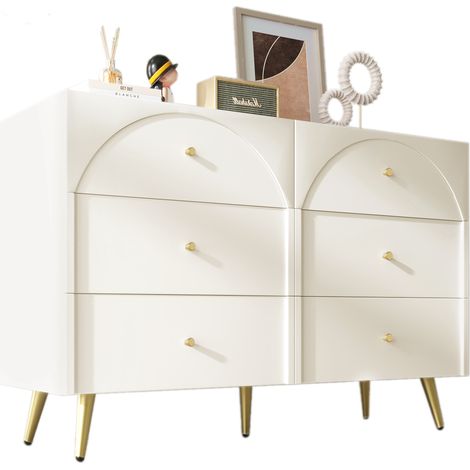 Cassettiera con 6 Cassetti e Frontali Bombati, Piede in Metallo Regolabile, Stile Classico, in Legno e Metallo, 120×40×85 cm, Bianco Crema (1/5)