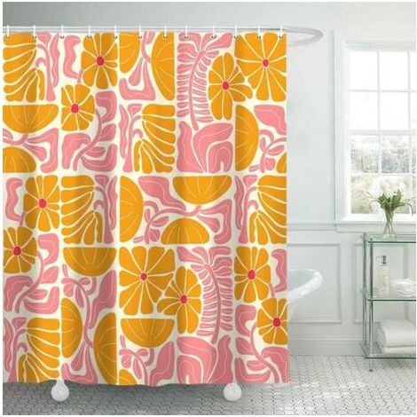 Rideau de Douche bohème Abstrait coloré Floral Vintage rétro Patchwork Matisse Orange Rose Fleur botanique géométrique esthétique Groovy décoration de Salle de Bain Rideau de Douche avec 12 (1/5)