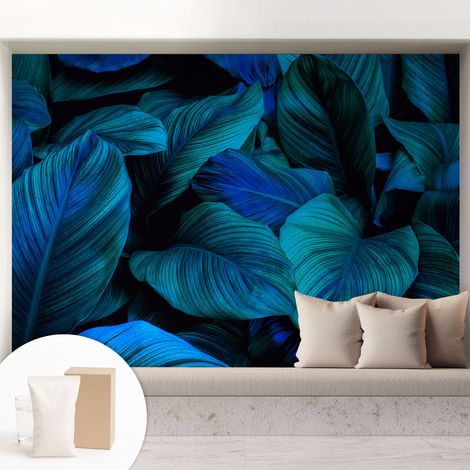 Papier peint intissé avec imprimé pour intérieur moderne application facile a motif - Colle incluse gratuite Feuilles bleues 208x146 cm (1/5)