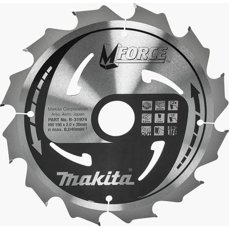 Lama Sega Circolare Makforce T.C.T. 190x30mm 12T HS7611J Legno (1/5)