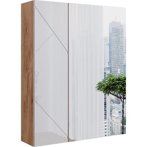 Badspiegelschrank Irma, Goldkraft Eiche/Weiß Hochglanz, 60 x 75 cm, Vicco
