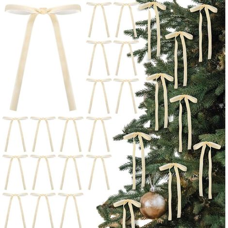 Set mit 24 Samt-Weihnachtsschleifen, 12 x 18 cm, vorgebunden, rustikal, für Weihnachtsbaumschmuck, Vintage-Weihnachtsdekorationen für Girlanden, Kränze, Geschenkboxen, Hochzeitsdekorationen (1/5)