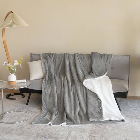 1 pièce Couverture 130x150 cm, Flanelle Sherpa douce, Microfibre moelleuse, Gris, pour canapé ou lit